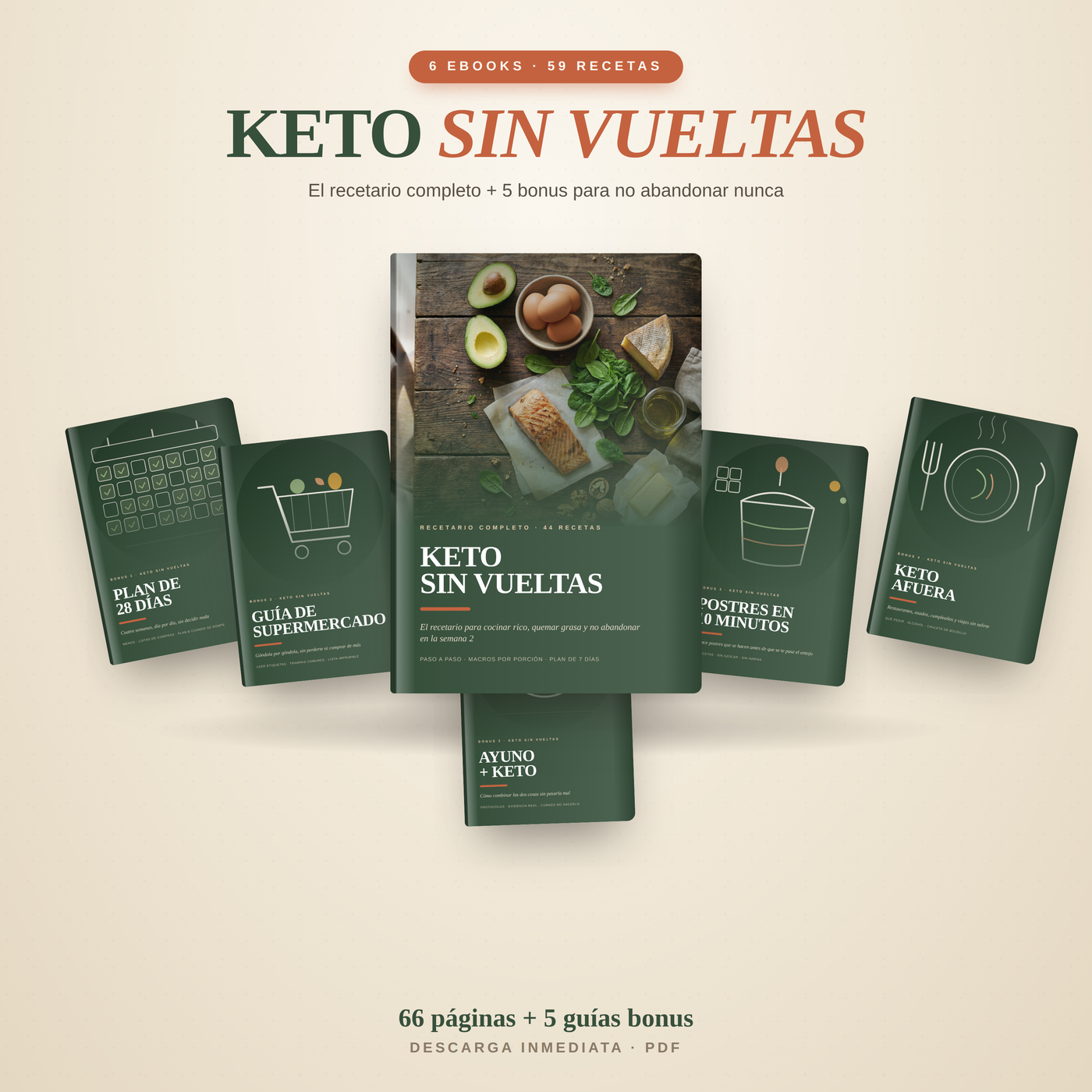 Keto Sin Vueltas — Recetario Completo + 5 Bonus | 59 Recetas Fáciles con Ingredientes de Supermercado